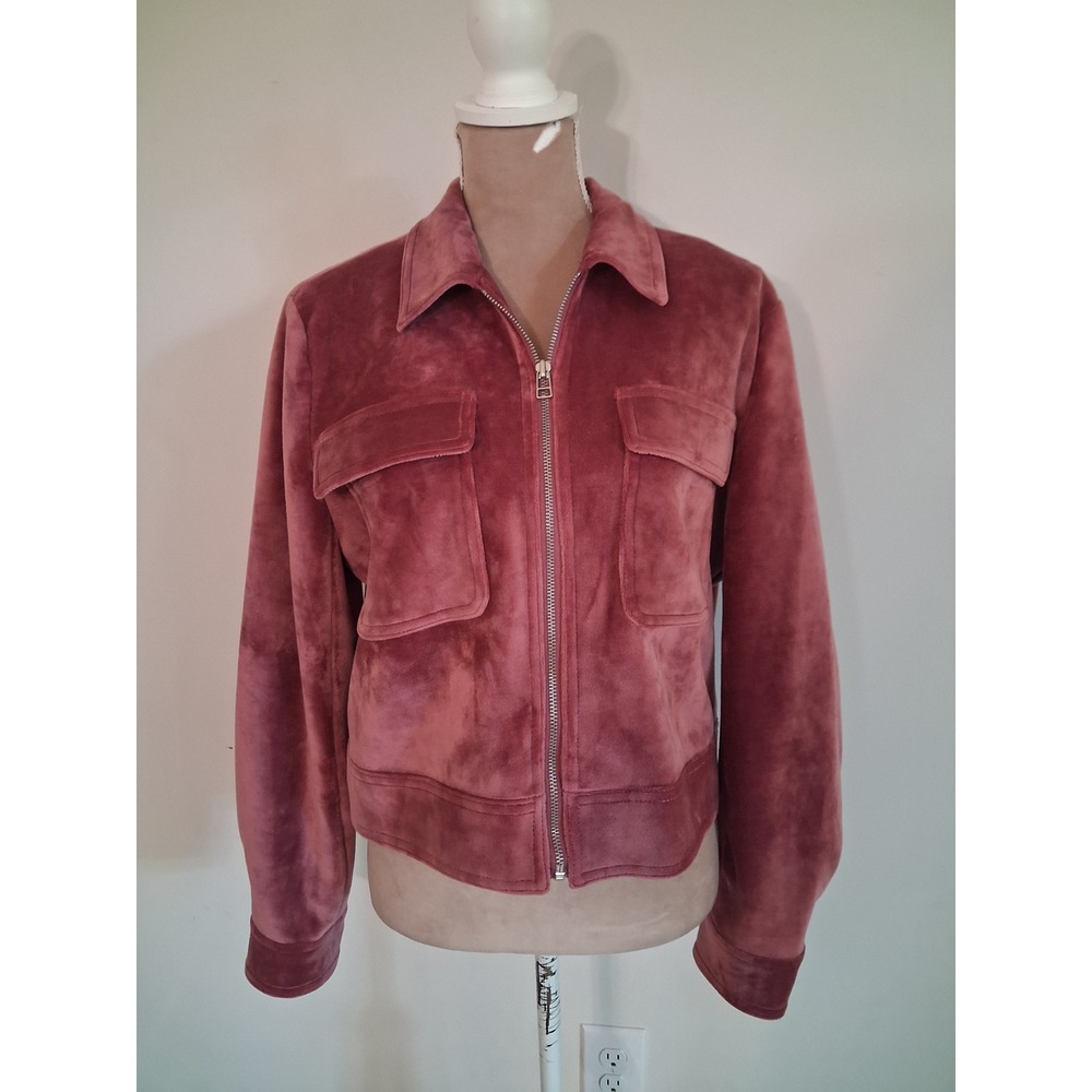 Nine West Womens Pink Velvet Jacket Zip Front Crop Pockets Size L New Cozy Soft